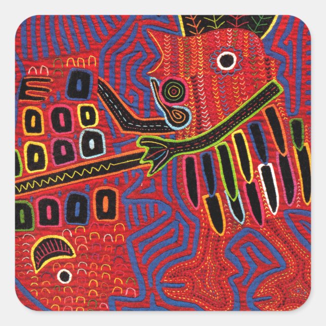 Rooster Scaling a Fish with a Machete Quadratischer Aufkleber (Vorderseite)