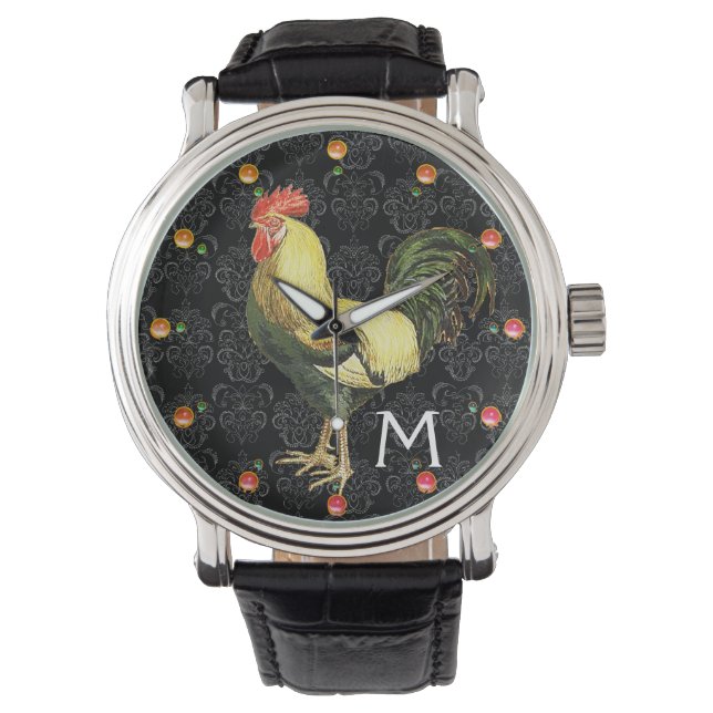 ROOSTER Schwarz-weiß Damask Monogramm Armbanduhr (Vorderseite)