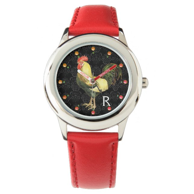 ROOSTER Schwarz-weiß Damask Monogramm Armbanduhr (Vorderseite)