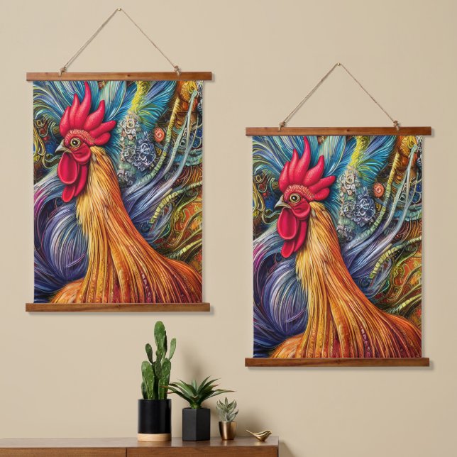 Rooster Splendor - Unübertroffene Majestät Wandteppich Mit Holzrahmen (Asymmetrisch)