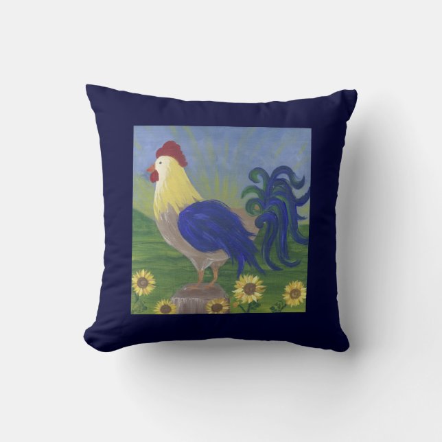 Rooster Sunrise auf marineblau Kissen doppelseitig (Vorderseite)