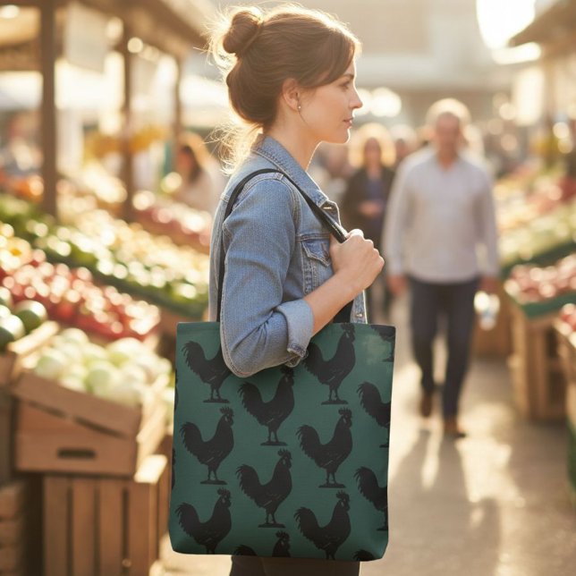 Rooster Tote Bag, Green and Black Chicken Design  (Von Creator hochgeladen)