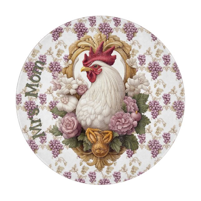 Rooster & Trauben Heraldisches Wappen in Maronen, Schneidebrett (Vorderseite)