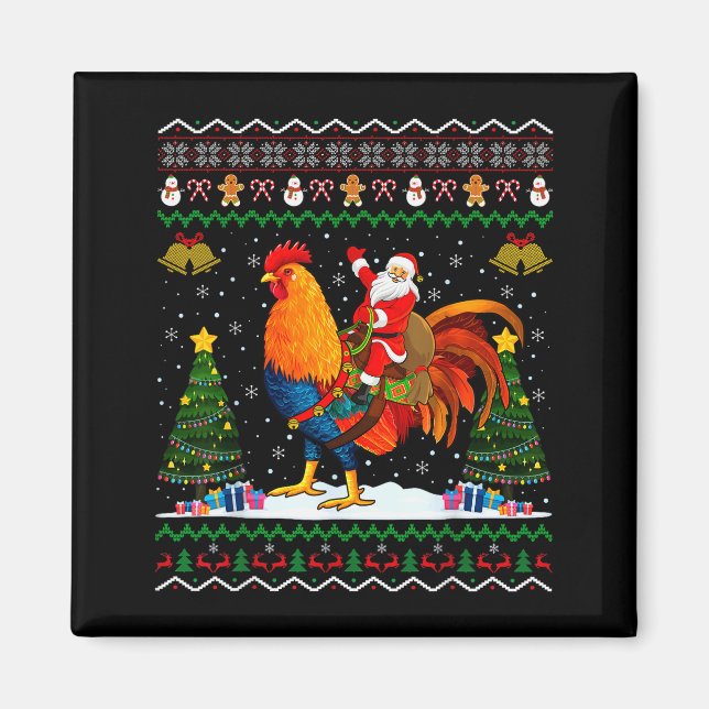 Rooster Ugly Xmas Gift Santa Riding Rooster Christ Magnet (Vorne)