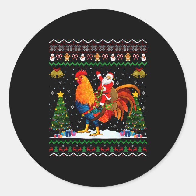 Rooster Ugly Xmas Gift Santa Riding Rooster Christ Runder Aufkleber (Vorderseite)