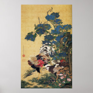 Rooster und Hen mit Hydrangeas Poster