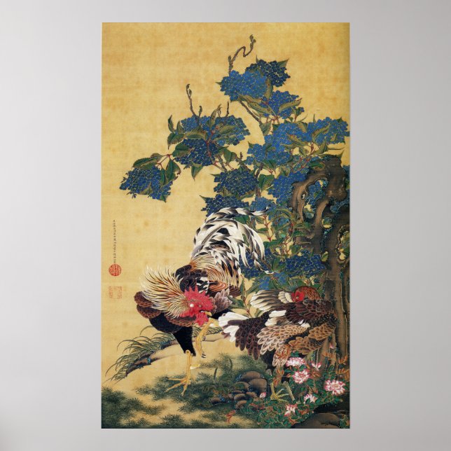 Rooster und Hen mit Hydrangeas Poster (Vorne)