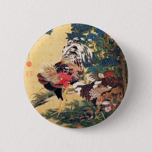 Rooster und Hen mit Hydrangeas von Ito Jakuchu Button (Vorderseite)