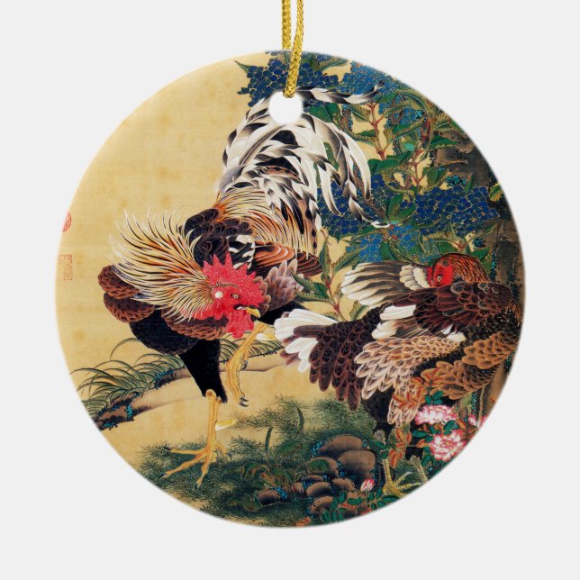 Rooster und Hen mit Hydrangeas von Ito Jakuchu Keramik Ornament (Vorne)
