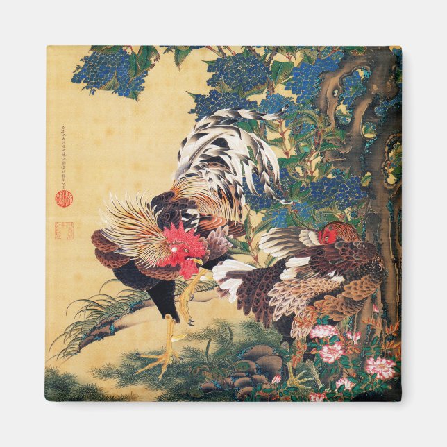 Rooster und Hen mit Hydrangeas von Ito Jakuchu Magnet (Vorne)