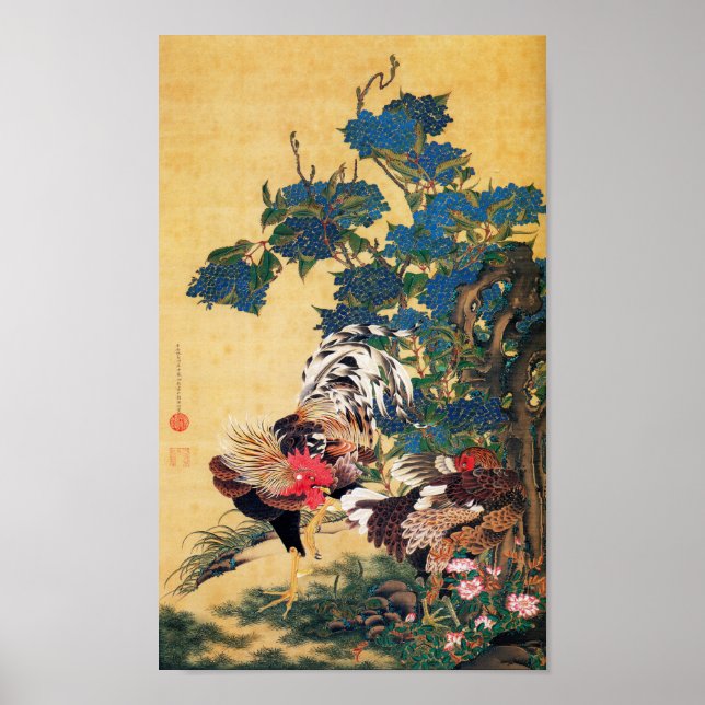 Rooster und Hen mit Hydrangeas von Ito Jakuchu Poster (Vorne)