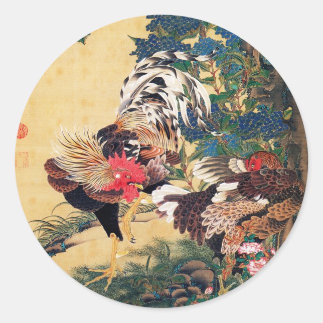 Rooster und Hen mit Hydrangeas von Ito Jakuchu Runder Aufkleber (Vorderseite)