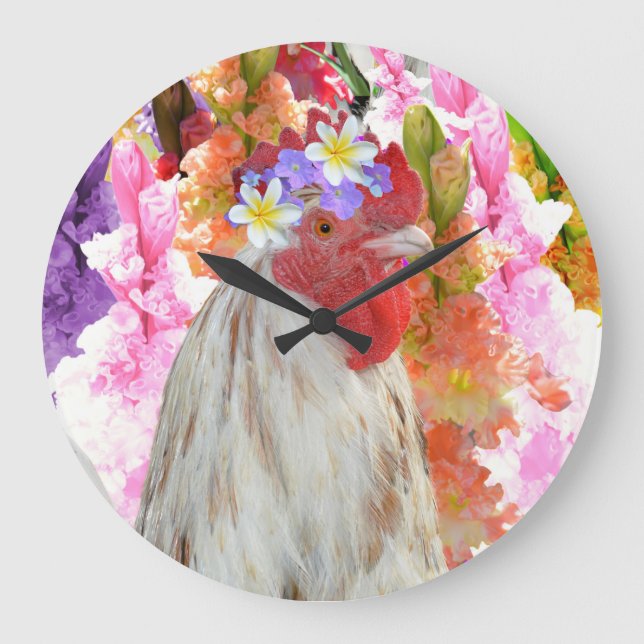 Rooster und Hollyhock-Blume, Große Wanduhr (Vorderseite)