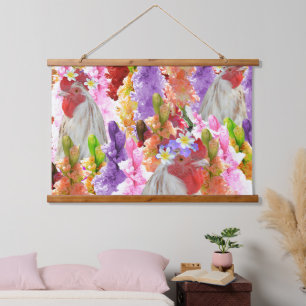Rooster und Hollyhocks, Wandhaken Wandteppich Mit Holzrahmen