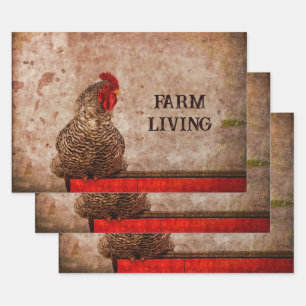 Rooster-Vintage antike, rot-braune Textilindustrie Geschenkpapier Set