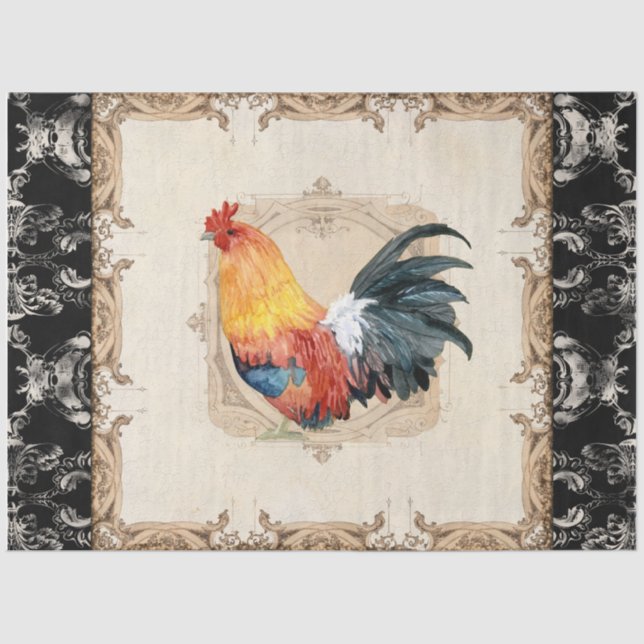 Rooster Vintager Damask Black Decoupage Tiss Seidenpapier (Vorderseite)