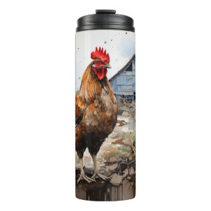 Rooster vor einer Scheune Thermosbecher