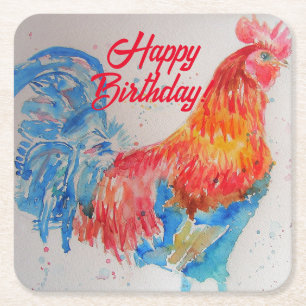 Rooster Wasserfarben Malerei Art Geburtstag Rechteckiger Pappuntersetzer