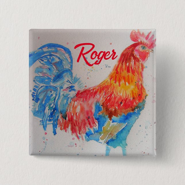 Rooster Wasserfarben Malerei Art Huhn Button (Vorderseite)