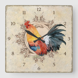 Rooster Watercolor Black Tan Vintag Bauernhof Quadratische Wanduhr