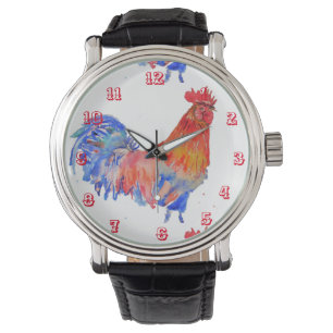 Rooster Watercolor Huhn Cockerel Red Mens Armbanduhr
