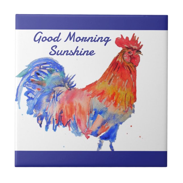 Rooster Watercolor Red Blue Chicken Sunshine Fliese (Vorderseite)