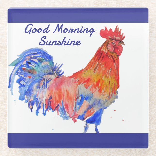 Rooster Watercolor Red Blue Chicken Sunshine Glasuntersetzer (Vorderseite)