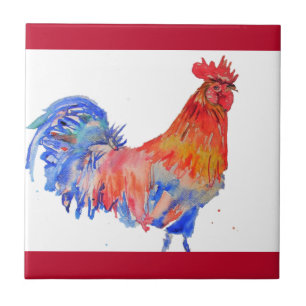 Rooster Watercolor Rotes Gelbes Blaues Huhn Fliese