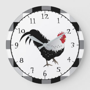 Rooster with Black White Check Große Wanduhr