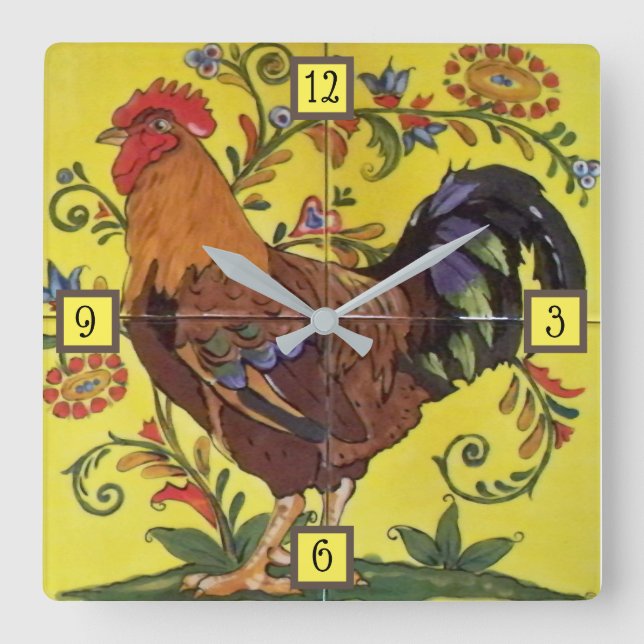 Rooster Yellow Chicken Folklotze Blütenblume Quadratische Wanduhr (Vorderseite)