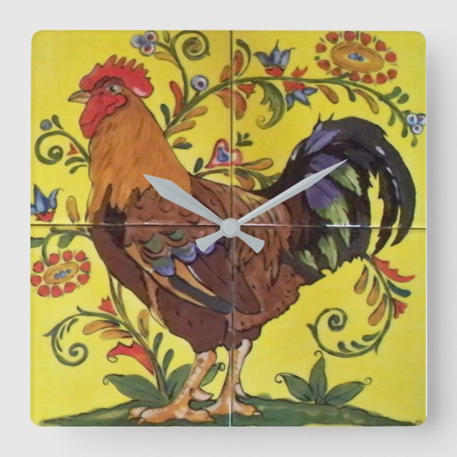 Rooster Yellow Chicken Folklotze Blütenblume Quadratische Wanduhr (Vorderseite)