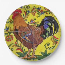 Rooster Yellow Floral Tile Folklorekunst Land Pappteller