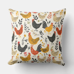 Roosters and Chickens Simple Illustration Print Kissen