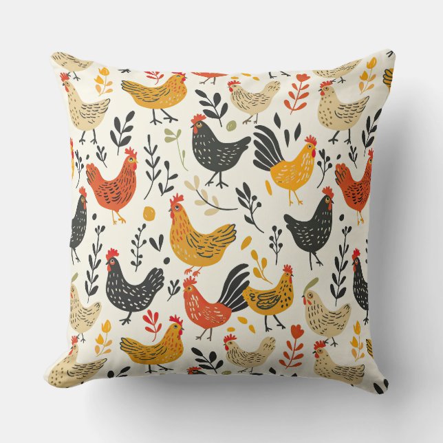 Roosters and Chickens Simple Illustration Print Kissen (Vorderseite)