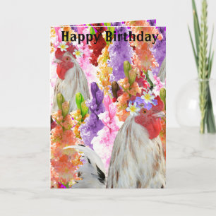 Roosters and Hollyhocks Birthday Card, Feiertagskarte