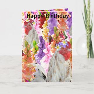 Roosters and Hollyhocks Birthday Card, Feiertagskarte