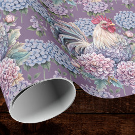 Roosters and Hydrangeas Blue Purple Gray Farmhouse Geschenkpapier