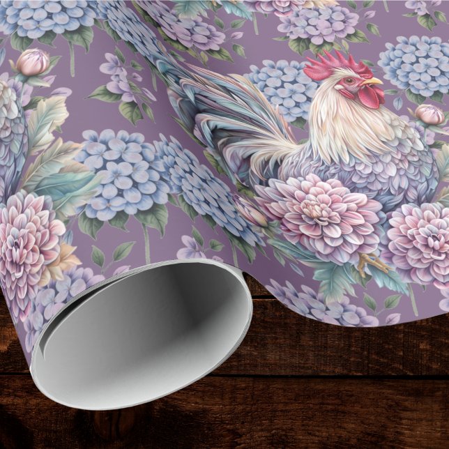 Roosters and Hydrangeas Blue Purple Gray Farmhouse Geschenkpapier (Von Creator hochgeladen)