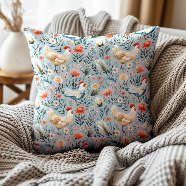 Roosters Chickens Dusty Blue Farmhouse Kissen (Blue and white rooster pattern decorator pillow)