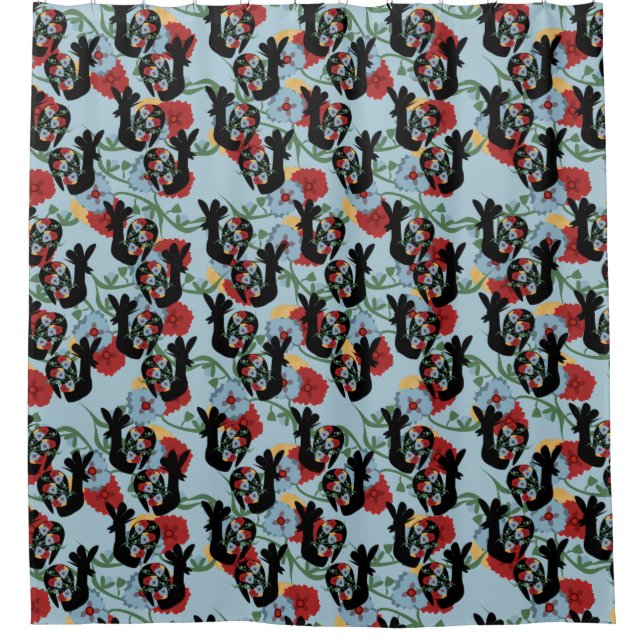 Roosters Folk Floral mexikanisches Muster Duschvorhang (Vorderseite)