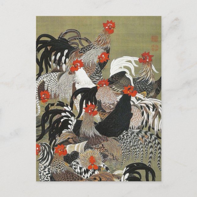 Roosters Hen Illustration von Ito Jakuchu Postkarte (Vorderseite)