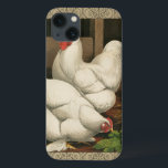 Roosters & Hen outside Hen House with White Border Case-Mate iPhone Hülle<br><div class="desc">A rustic art print displaying a vigorous rooster and a hen in a hen house. Darc ecru border is pattern consists of spiral elements. This print would be a gread addition to a rural country home decoration.</div>