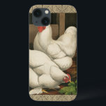 Roosters & Hen outside Hen House with White Border Case-Mate iPhone Hülle<br><div class="desc">A rustic art print displaying a vigorous rooster and a hen in a hen house. Darc ecru border is pattern consists of spiral elements. This print would be a gread addition to a rural country home decoration.</div>