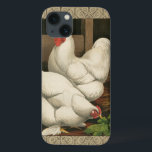Roosters & Hen outside Hen House with White Border Case-Mate iPhone Hülle<br><div class="desc">A rustic art print displaying a vigorous rooster and a hen in a hen house. Darc ecru border is pattern consists of spiral elements. This print would be a gread addition to a rural country home decoration.</div>