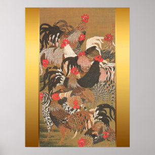 Roosters Japanisches Gemälde mit goldenem Hintergr Poster