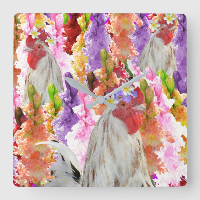 Roosters und Hollyhock-Blume, Quadratische Wanduhr (Vorderseite)