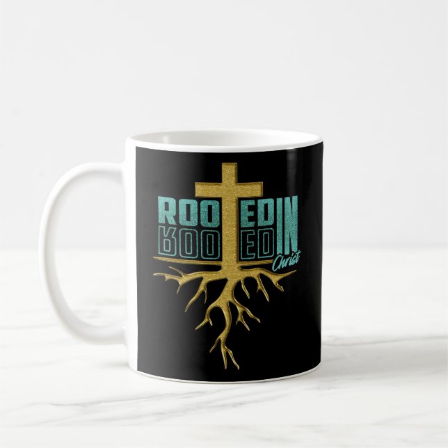 Rooted gebucht in Christ Kaffeetasse (Links)