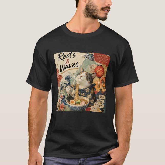 Roots & Waves Katze AAPI Collage Design T-Shirt (Vorderseite)