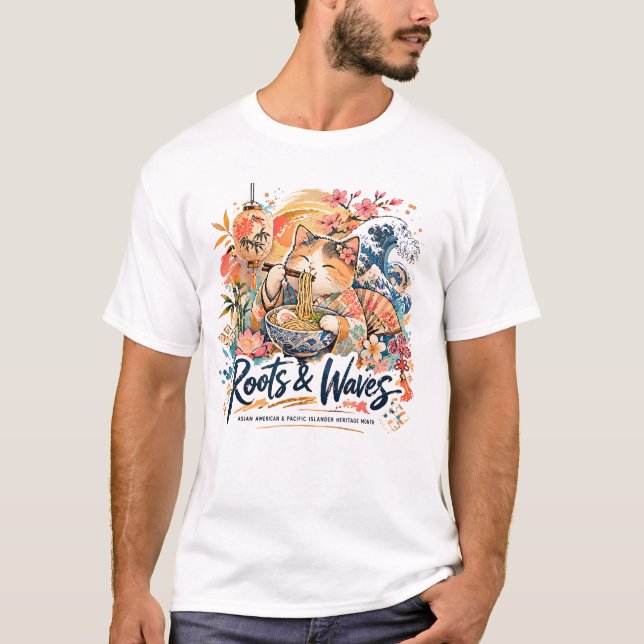 Roots & Waves Katze AAPI Collage-Design T-Shirt (Vorderseite)