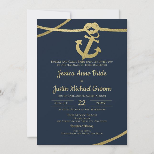 Rope Anchor Gold und Navy Blue Wedding Einladung (Vorderseite)